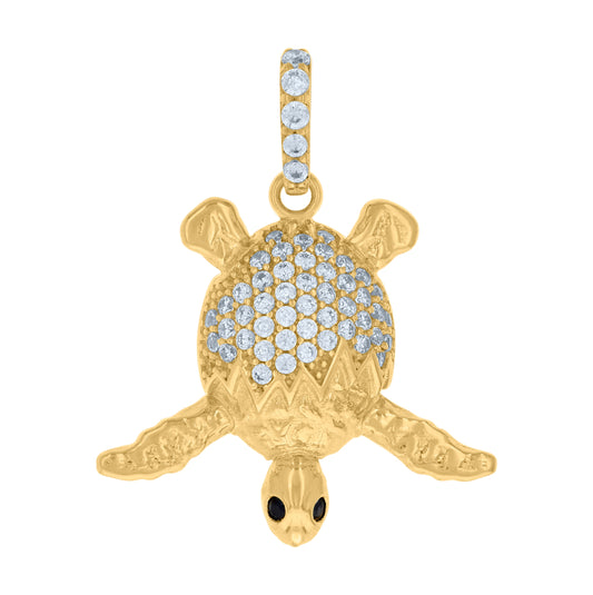 10K Yellow Gold Womens Black White Cubic-Zirconia Turtle Ocean Charm Pendant