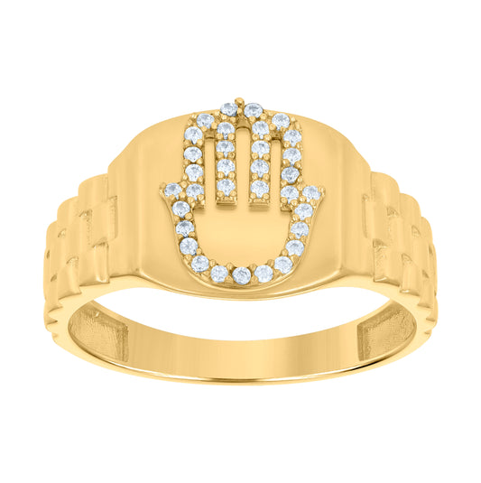 14K Yellow Gold Mens Cubic-Zirconia Hamsa Symbols Religious Ring