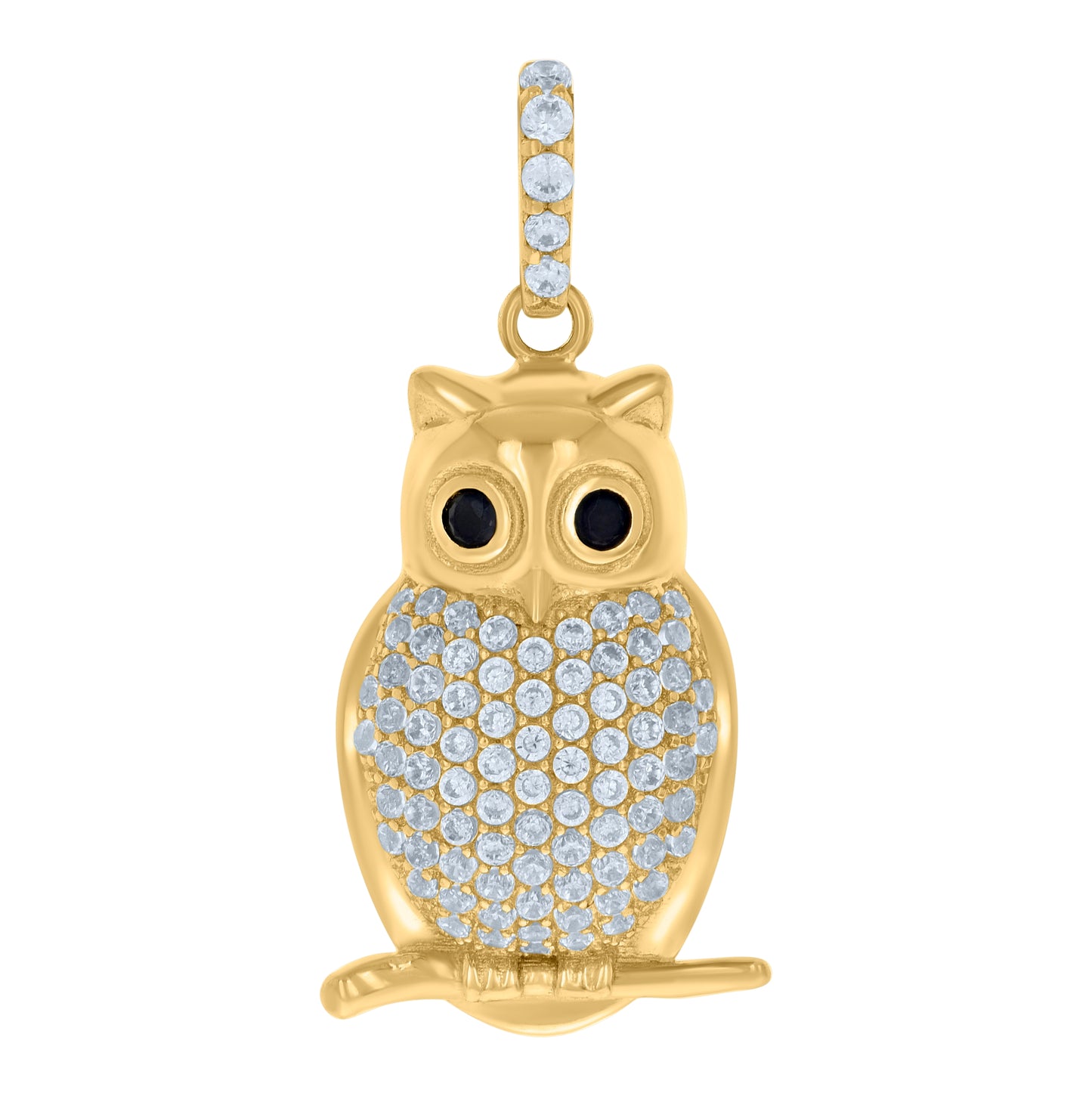 10K Yellow Gold Unisex Black White Cubic-Zirconia Owl Bird Wildlife Charm Pendant