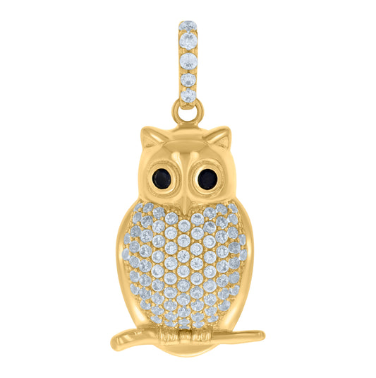 10K Yellow Gold Unisex Black White Cubic-Zirconia Owl Bird Wildlife Charm Pendant