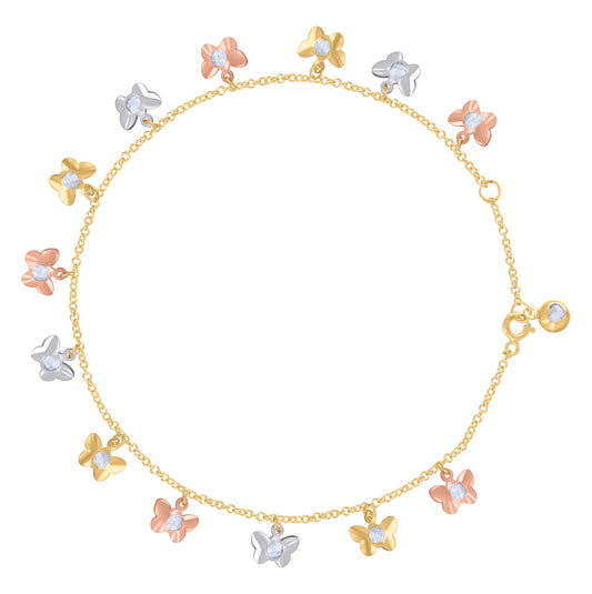 10K Tri-Color Gold Womens Cubic-Zirconia Butterfly Charm Anklet Size 10 Inches