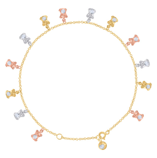 10K Tri-Color Gold Womens Cubic-Zirconia Teddy Bear Charm Anklet Size 10 Inches