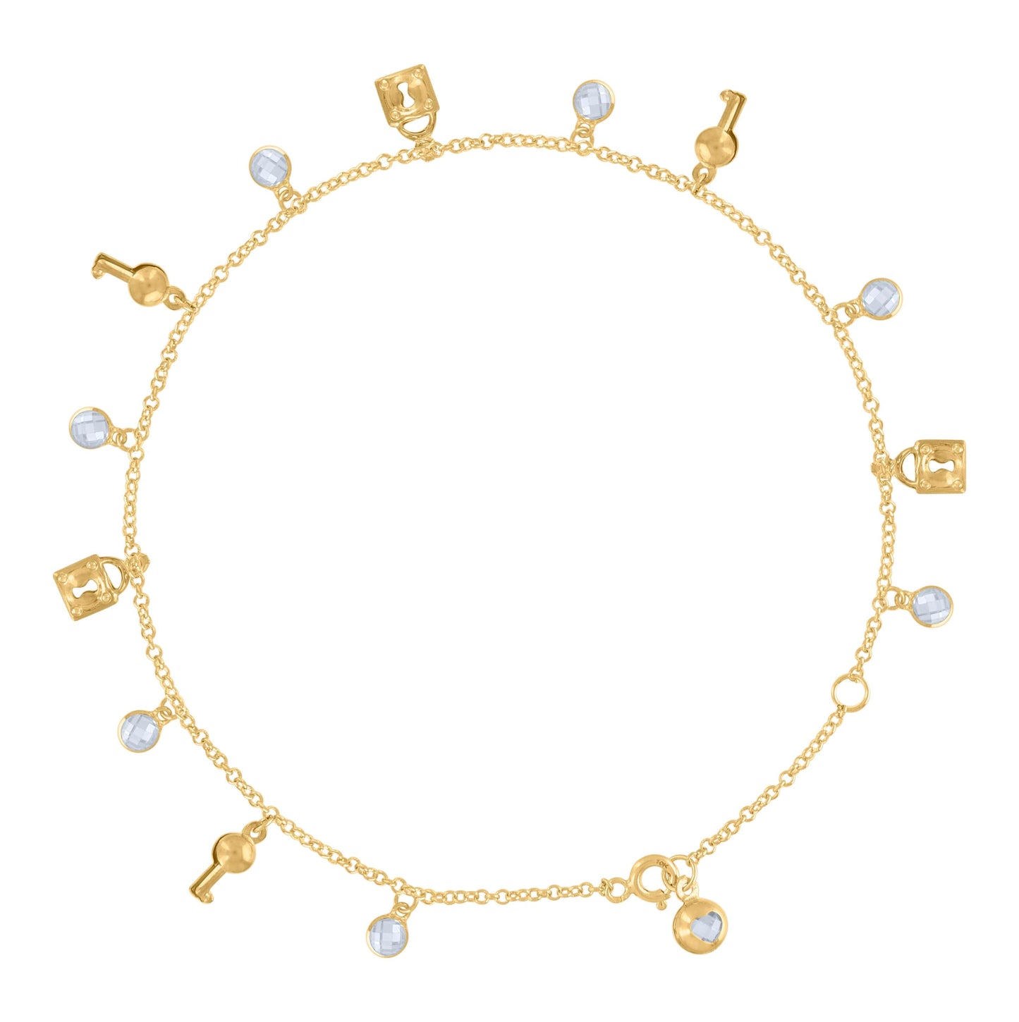 10K Yellow Gold Womens Cubic-Zirconia Lock & Key Charm Anklet Size 10 Inches