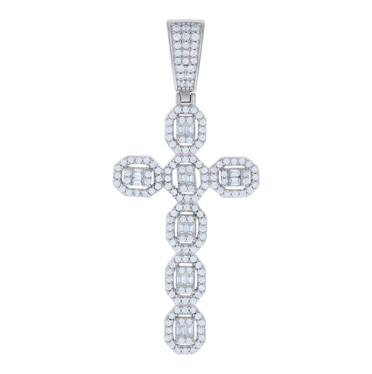 Sterling Silver Mens Baguette Round Cubic-Zirconia Cross Religious Charm Pendant