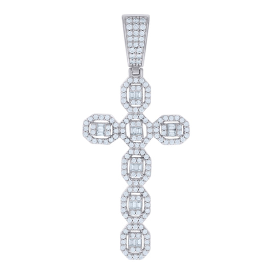Sterling Silver Mens Baguette Round Cubic-Zirconia Cross Religious Charm Pendant
