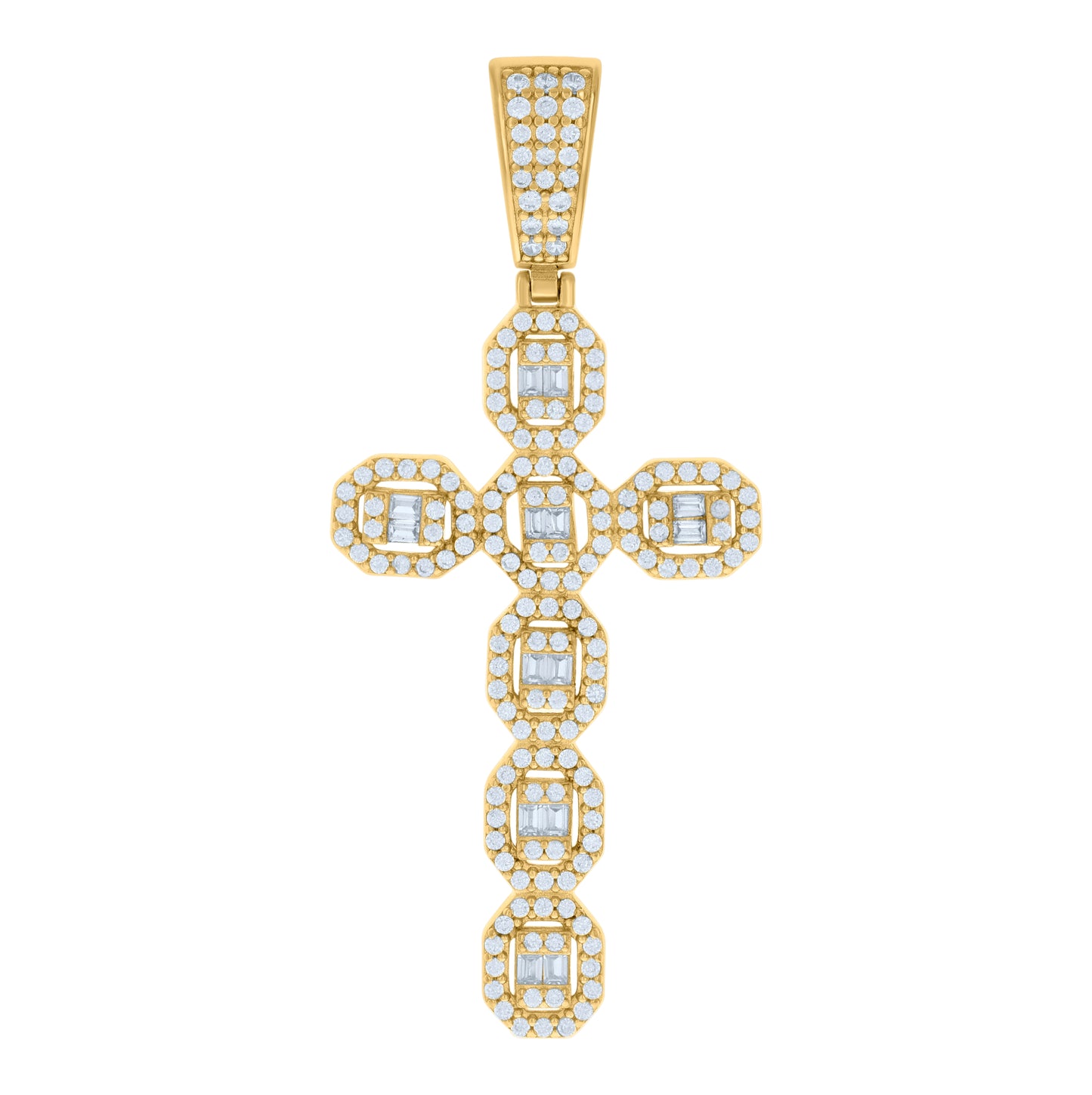 Sterling Silver Mens Baguette Round Cubic-Zirconia Cross Religious Charm Pendant