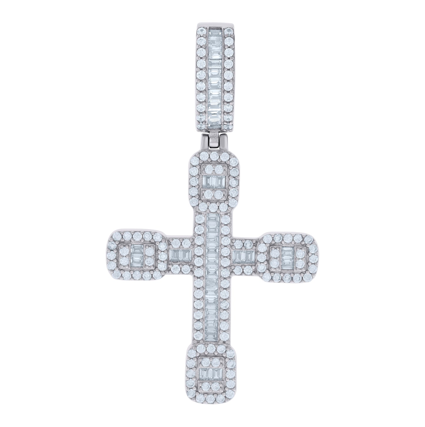 Sterling Silver Mens Baguette Round Cubic-Zirconia Cross Religious Charm Pendant
