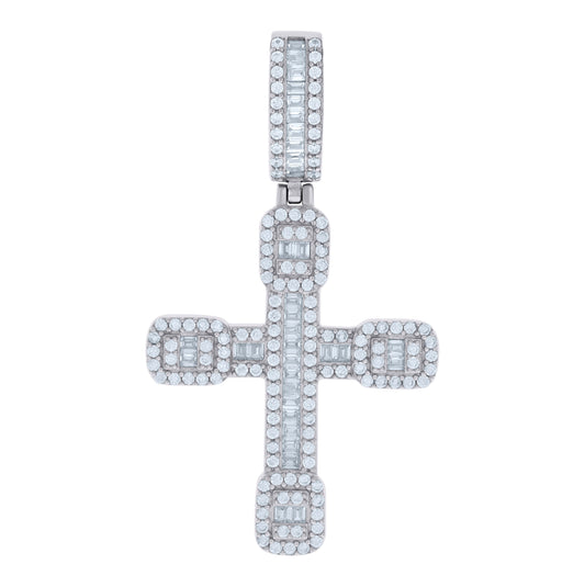 Sterling Silver Mens Baguette Round Cubic-Zirconia Cross Religious Charm Pendant