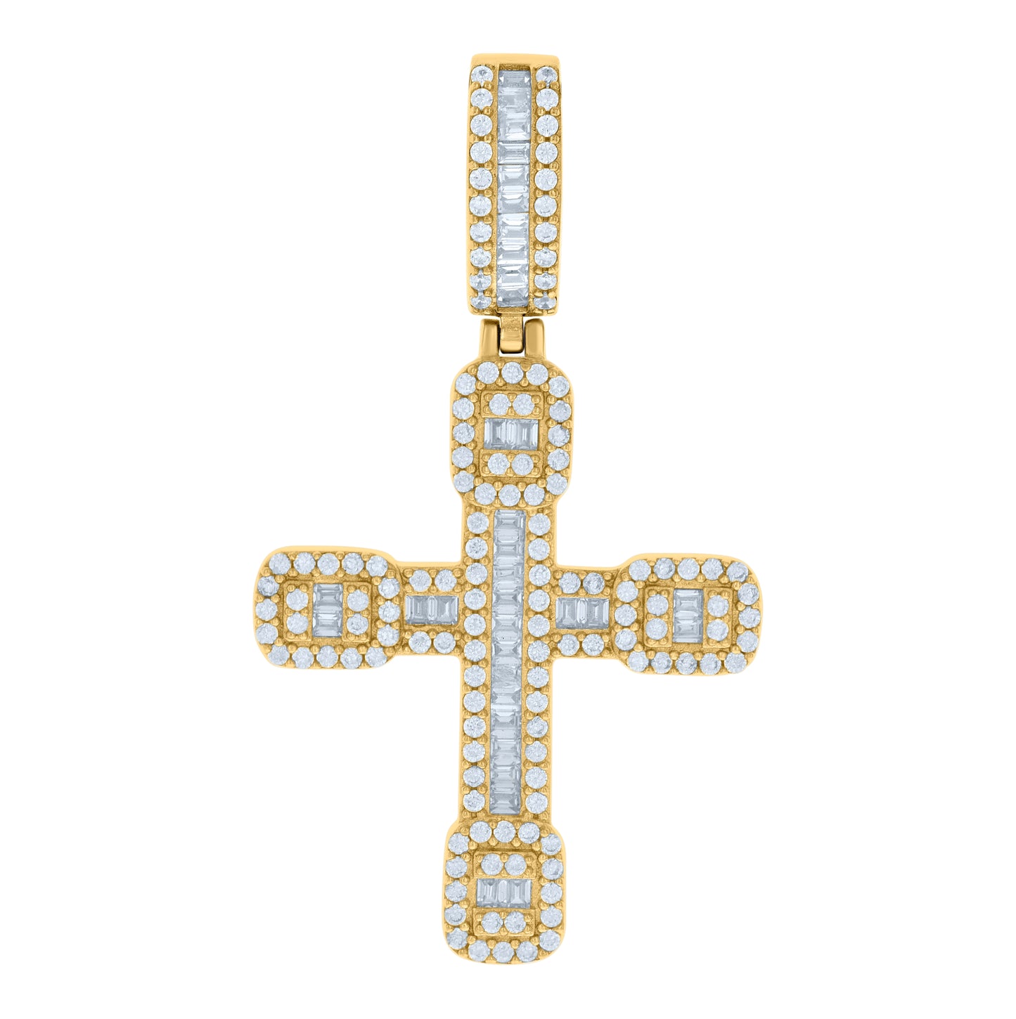 Sterling Silver Mens Baguette Round Cubic-Zirconia Cross Religious Charm Pendant
