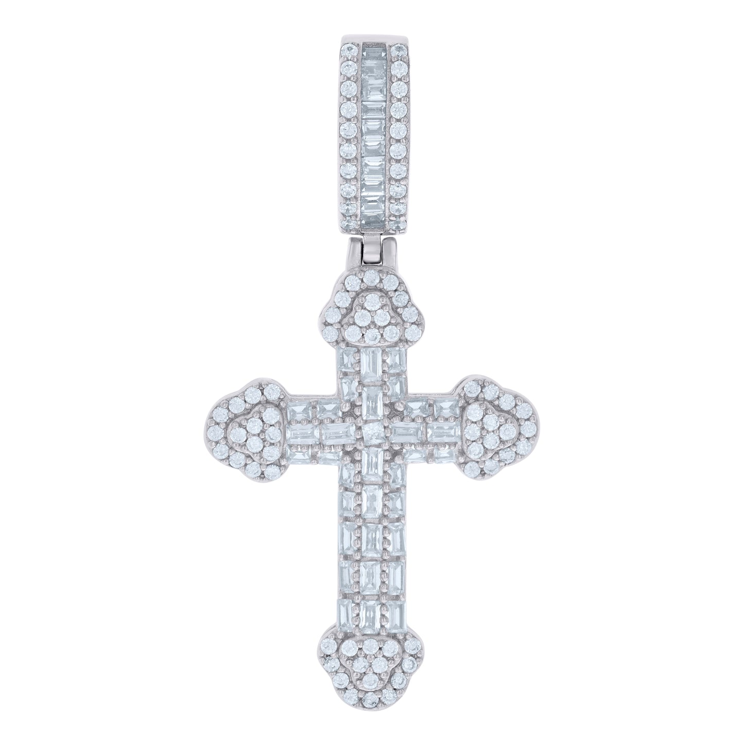 Sterling Silver Mens Baguette Round Cubic-Zirconia Cross Religious Charm Pendant