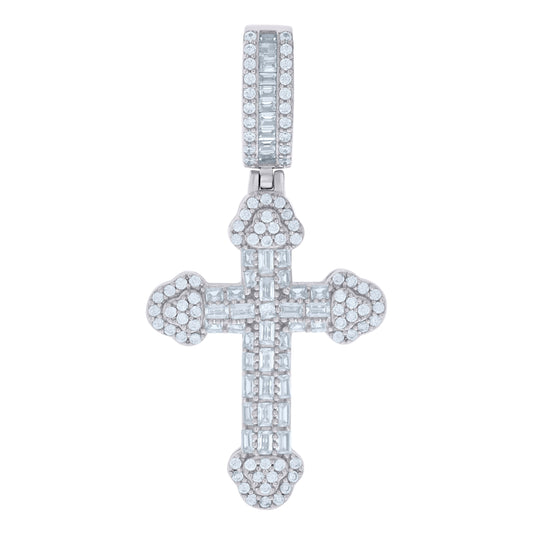 Sterling Silver Mens Baguette Round Cubic-Zirconia Cross Religious Charm Pendant