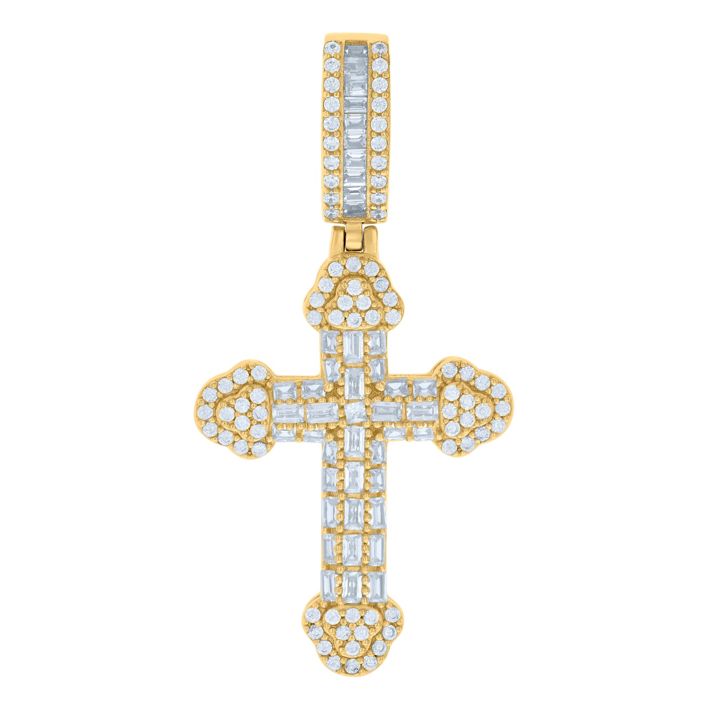 Sterling Silver Mens Baguette Round Cubic-Zirconia Cross Religious Charm Pendant