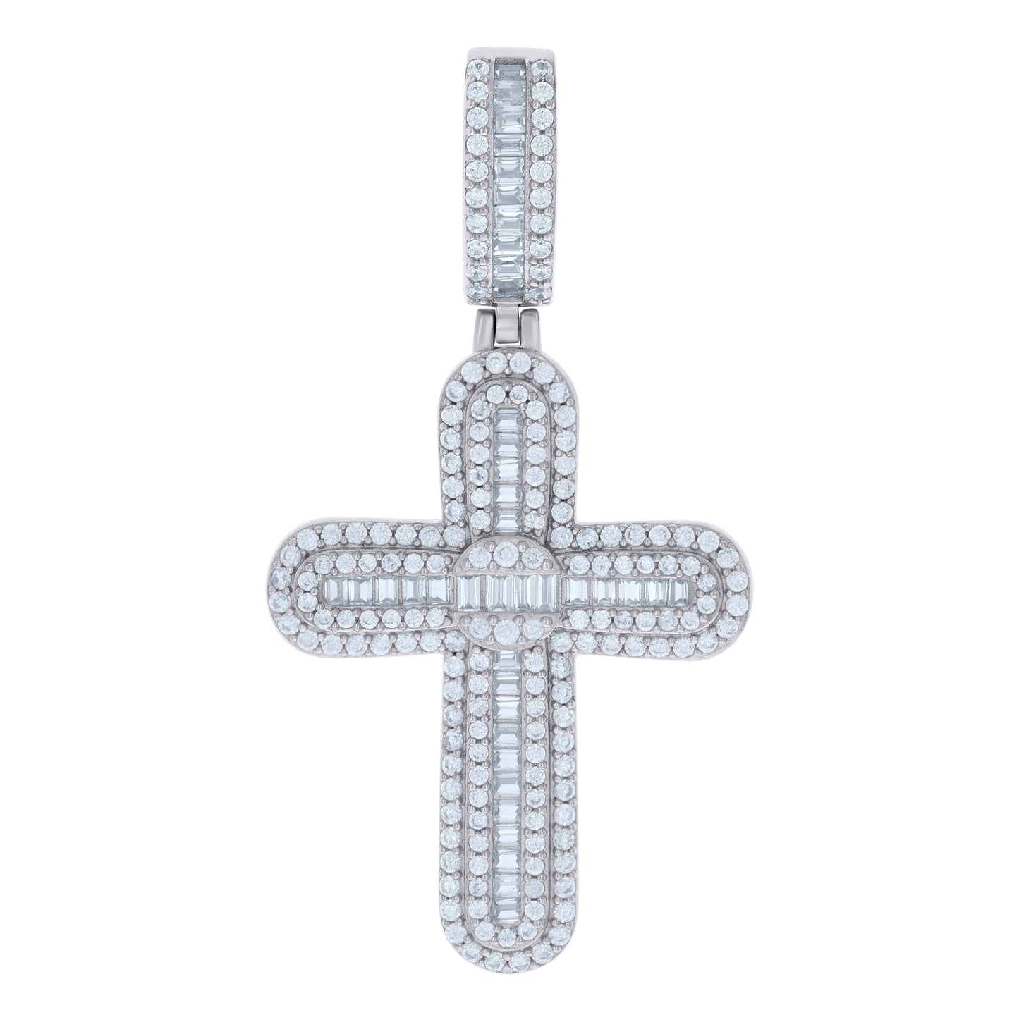 Sterling Silver Mens Baguette Round Cubic-Zirconia Cross Religious Charm Pendant