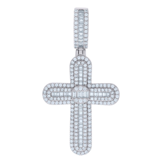 Sterling Silver Mens Baguette Round Cubic-Zirconia Cross Religious Charm Pendant