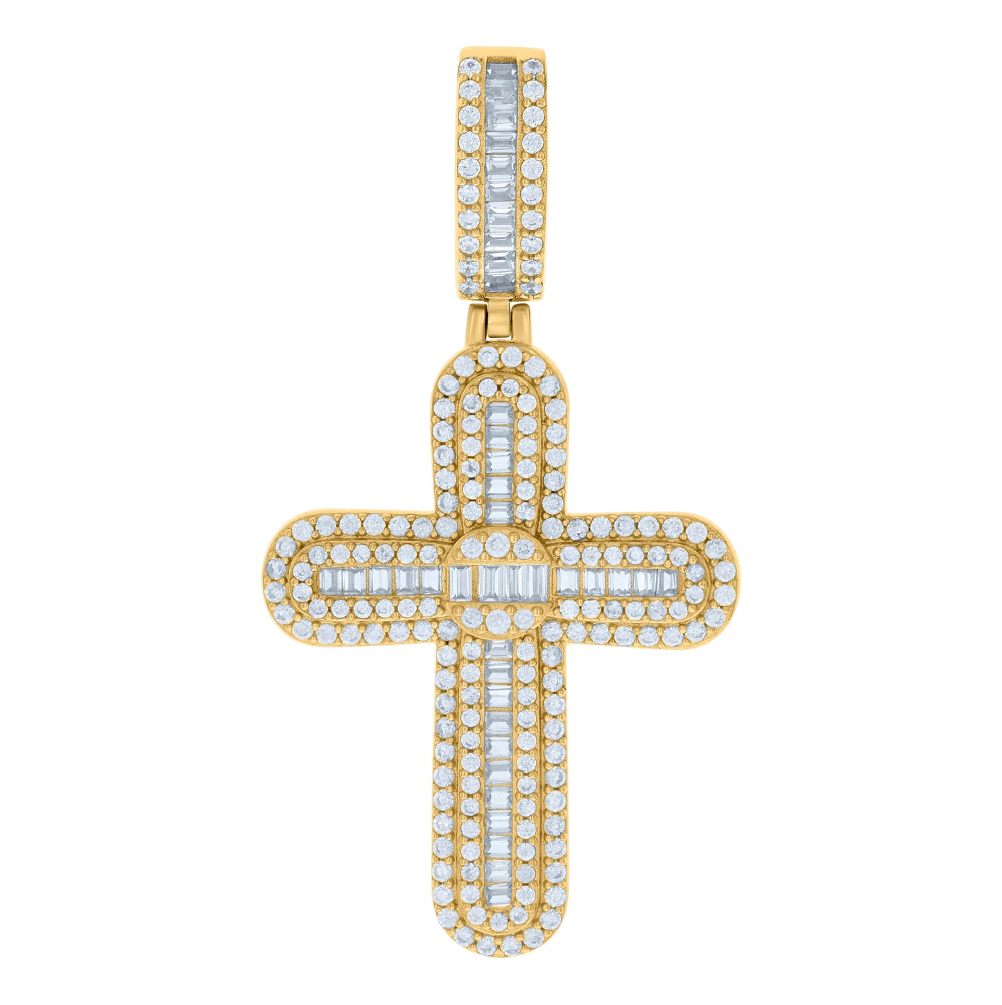 Sterling Silver Mens Baguette Round Cubic-Zirconia Cross Religious Charm Pendant