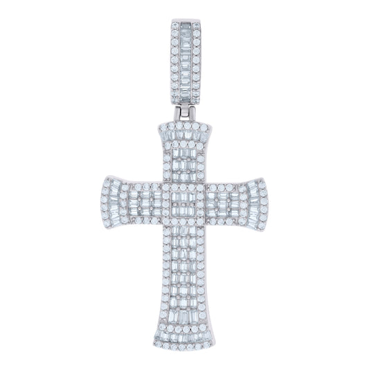Sterling Silver Mens Baguette Round Cubic-Zirconia Cross Religious Charm Pendant