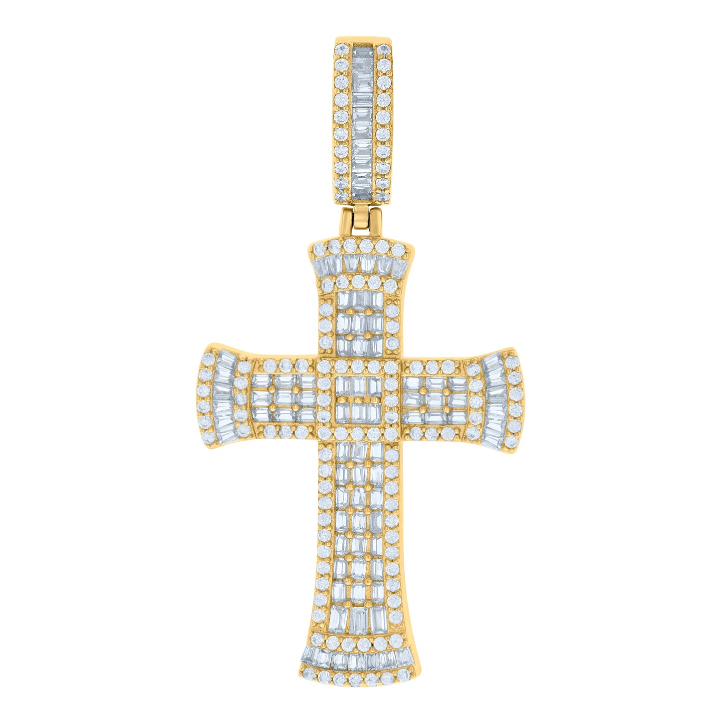 Sterling Silver Mens Baguette Round Cubic-Zirconia Cross Religious Charm Pendant