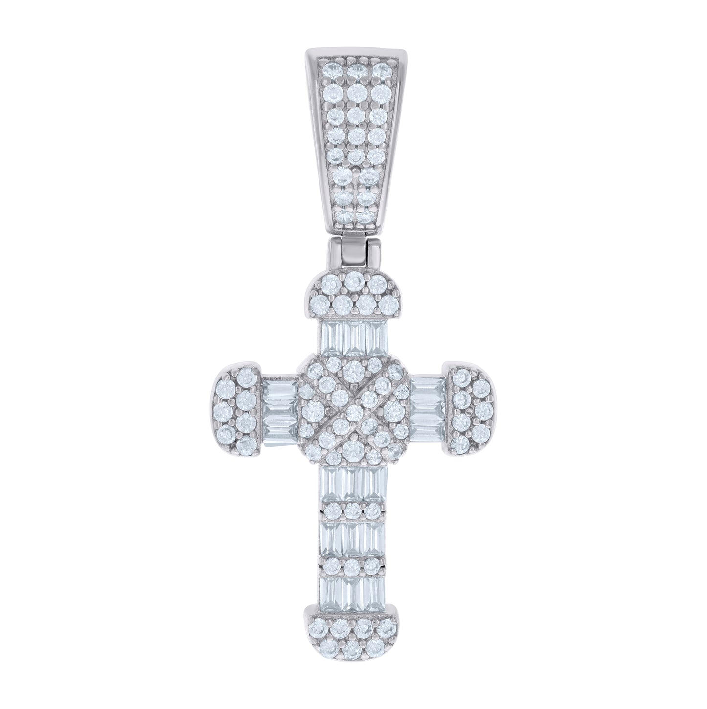 Sterling Silver Mens Baguette Round Cubic-Zirconia Cross Religious Charm Pendant