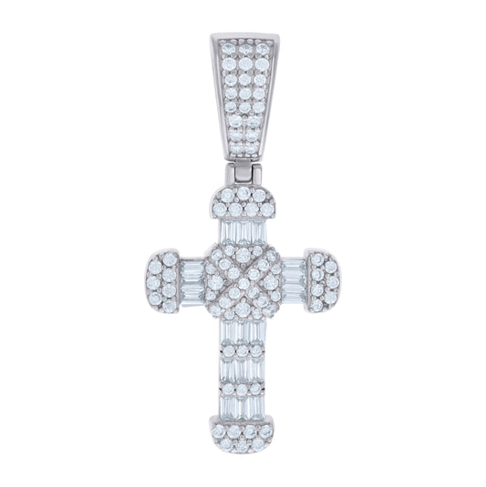 Sterling Silver Mens Baguette Round Cubic-Zirconia Cross Religious Charm Pendant