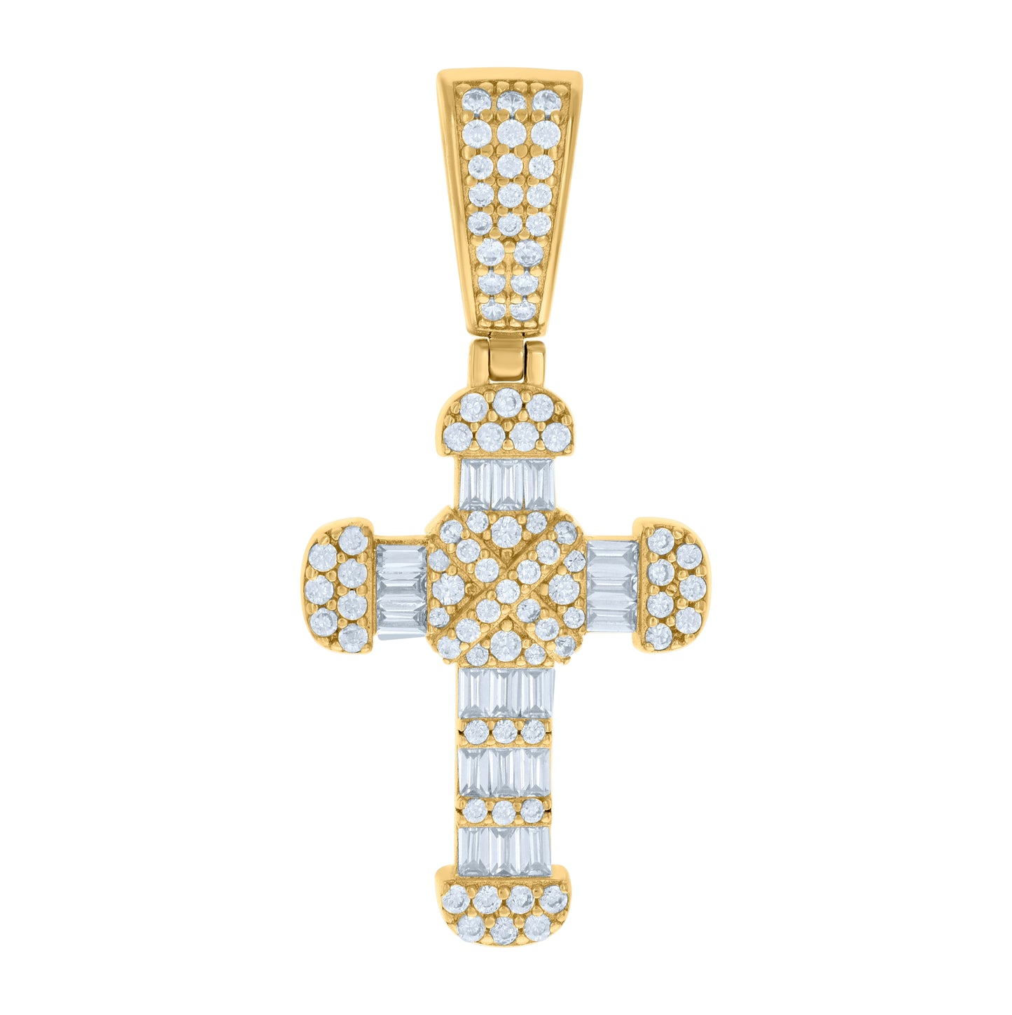 Sterling Silver Mens Baguette Round Cubic-Zirconia Cross Religious Charm Pendant