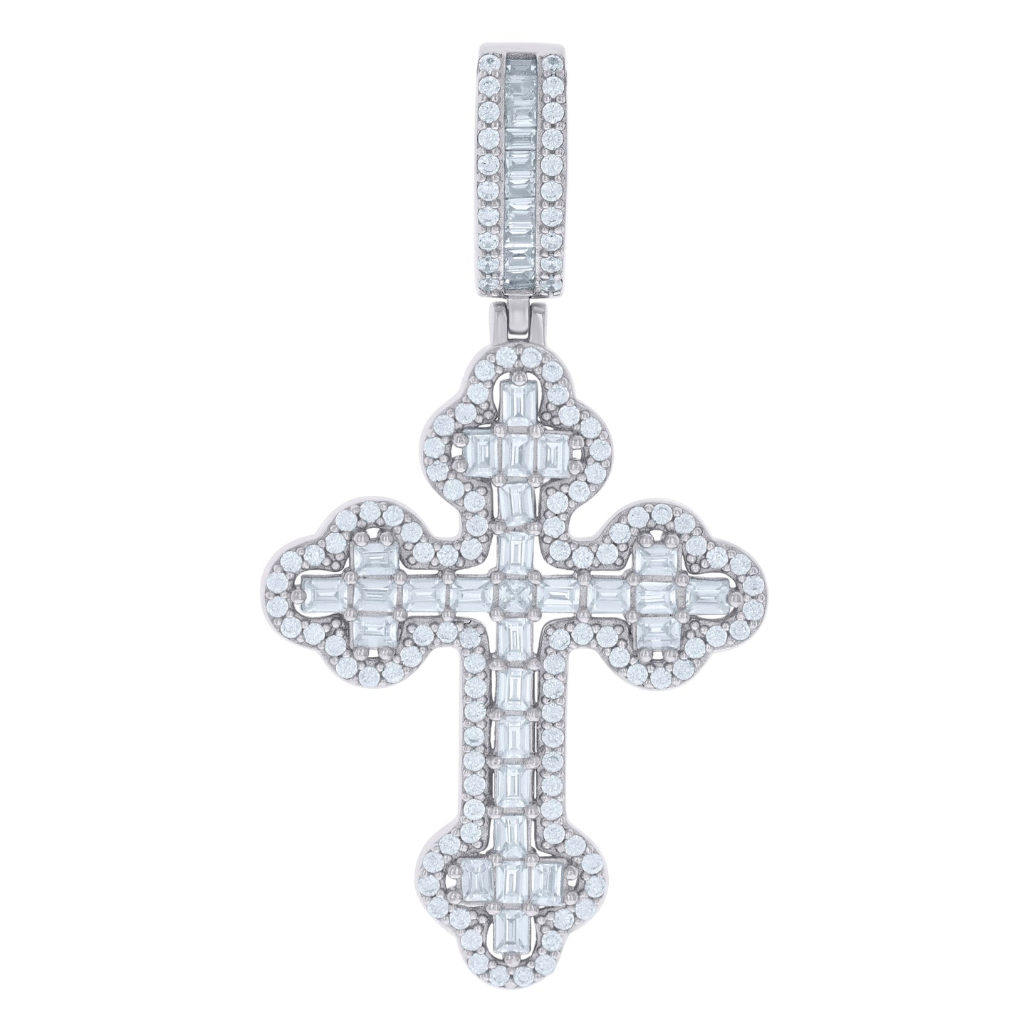 Sterling Silver Mens Baguette Round Cubic-Zirconia Cross Religious Charm Pendant