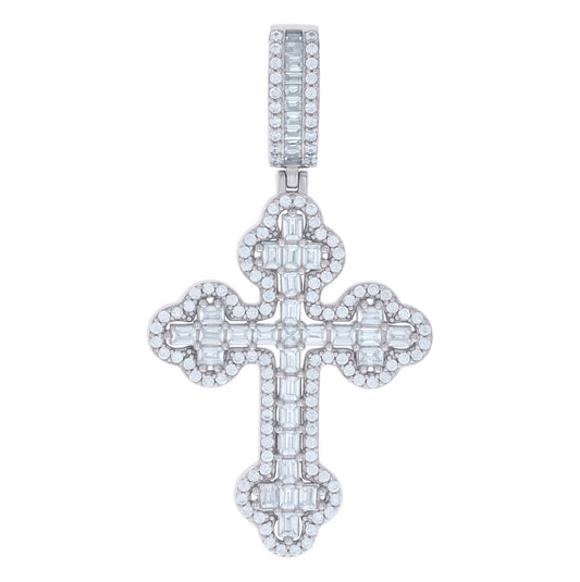 Sterling Silver Mens Baguette Round Cubic-Zirconia Cross Religious Charm Pendant