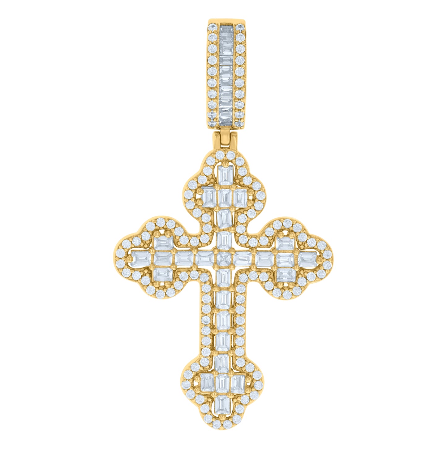 Sterling Silver Mens Baguette Round Cubic-Zirconia Cross Religious Charm Pendant
