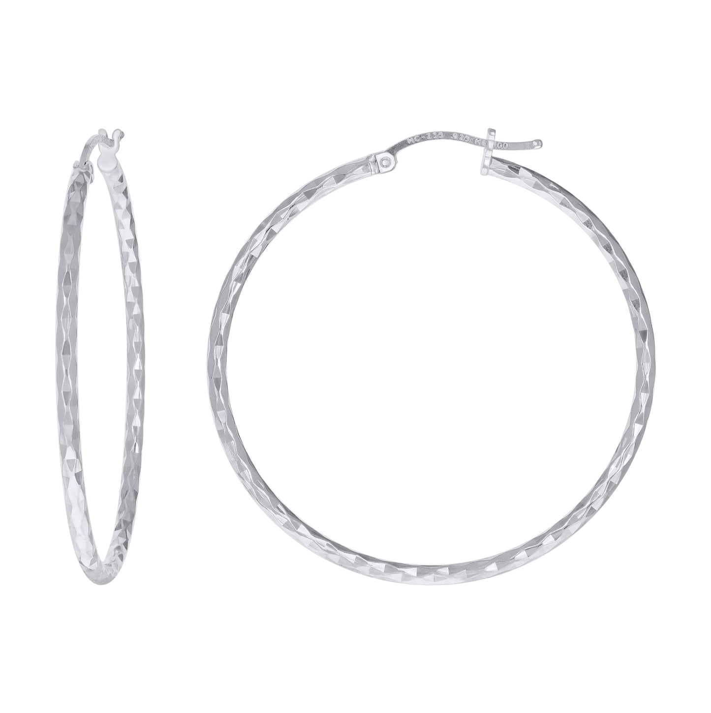 Sterling Silver Womens Diamond-cut 2mm Hoop Earrings