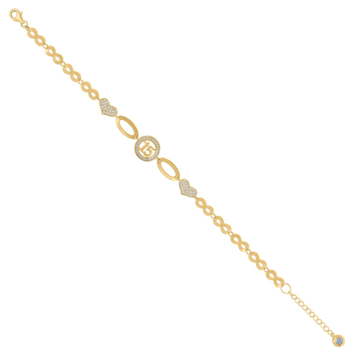 10K Yellow Gold Womens Cubic-Zirconia Heart Quinceanera 15 Charm Bracelet Size 8 Inches