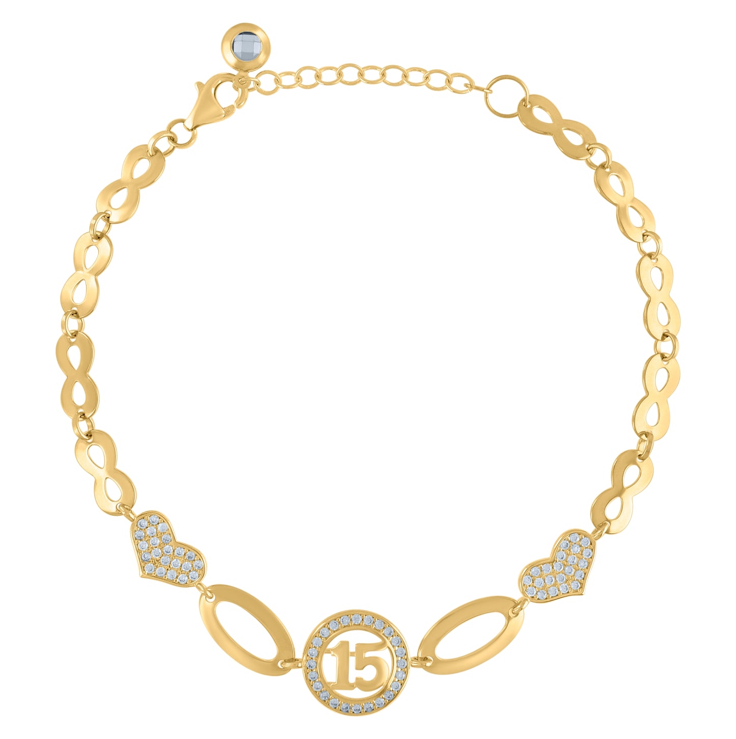 10K Yellow Gold Womens Cubic-Zirconia Heart Quinceanera 15 Charm Bracelet Size 8 Inches