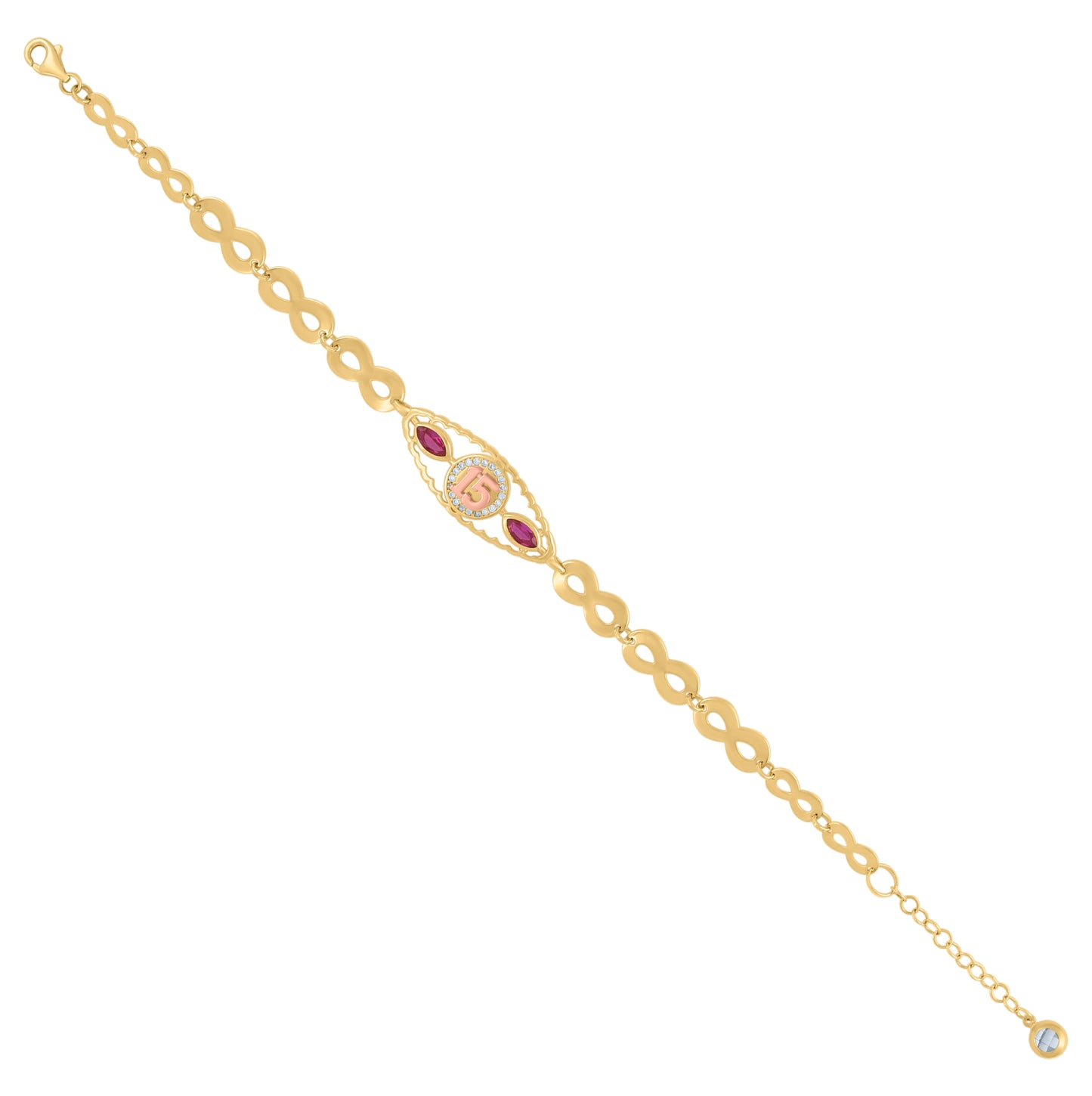 10K Two-tone Gold Womens Purple White Cubic-Zirconia Quinceanera 15 Charm Bracelet Size 8 Inches