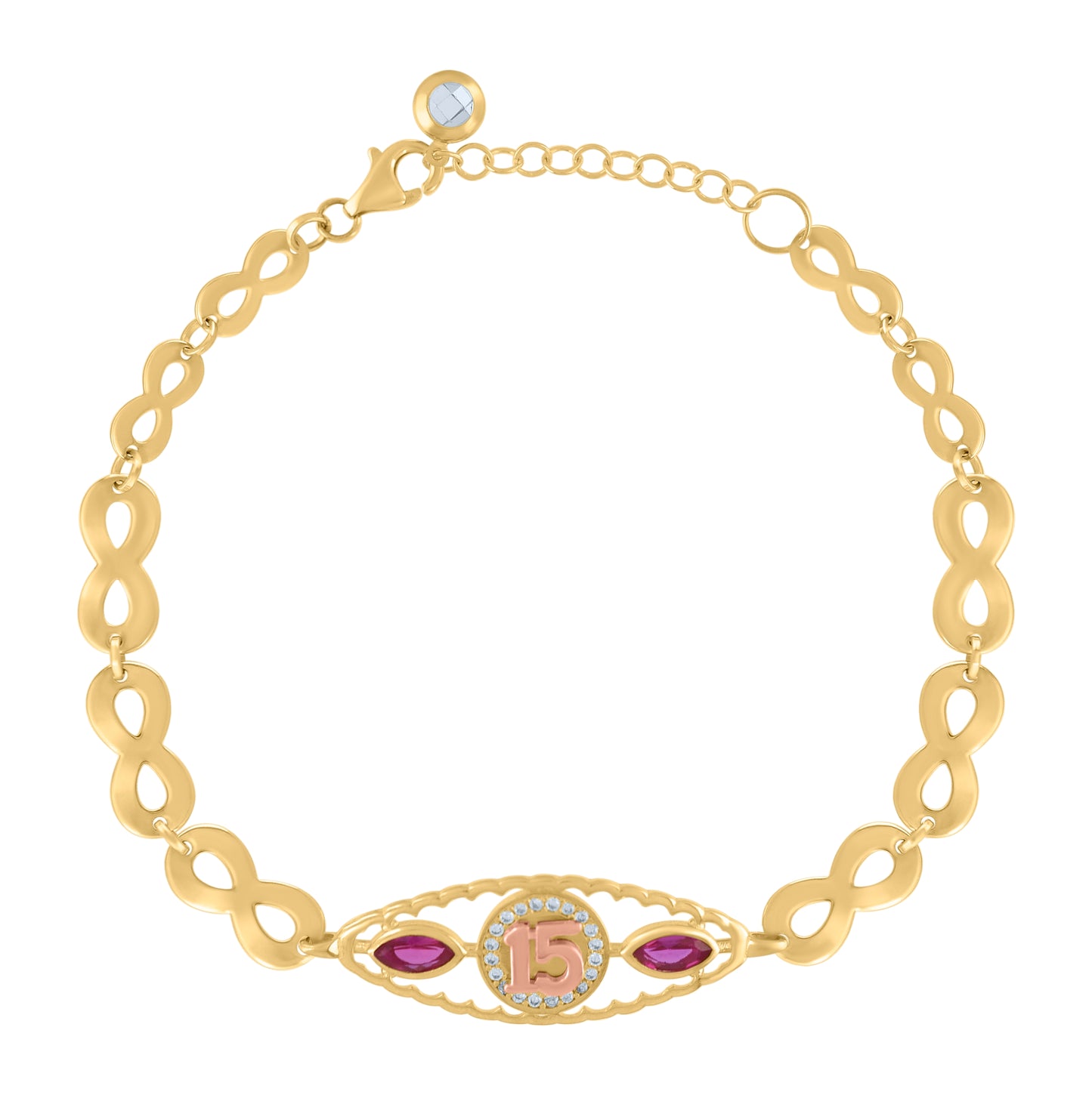 10K Two-tone Gold Womens Purple White Cubic-Zirconia Quinceanera 15 Charm Bracelet Size 8 Inches