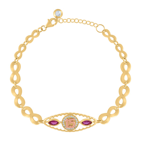 10K Two-tone Gold Womens Purple White Cubic-Zirconia Quinceanera 15 Charm Bracelet Size 8 Inches
