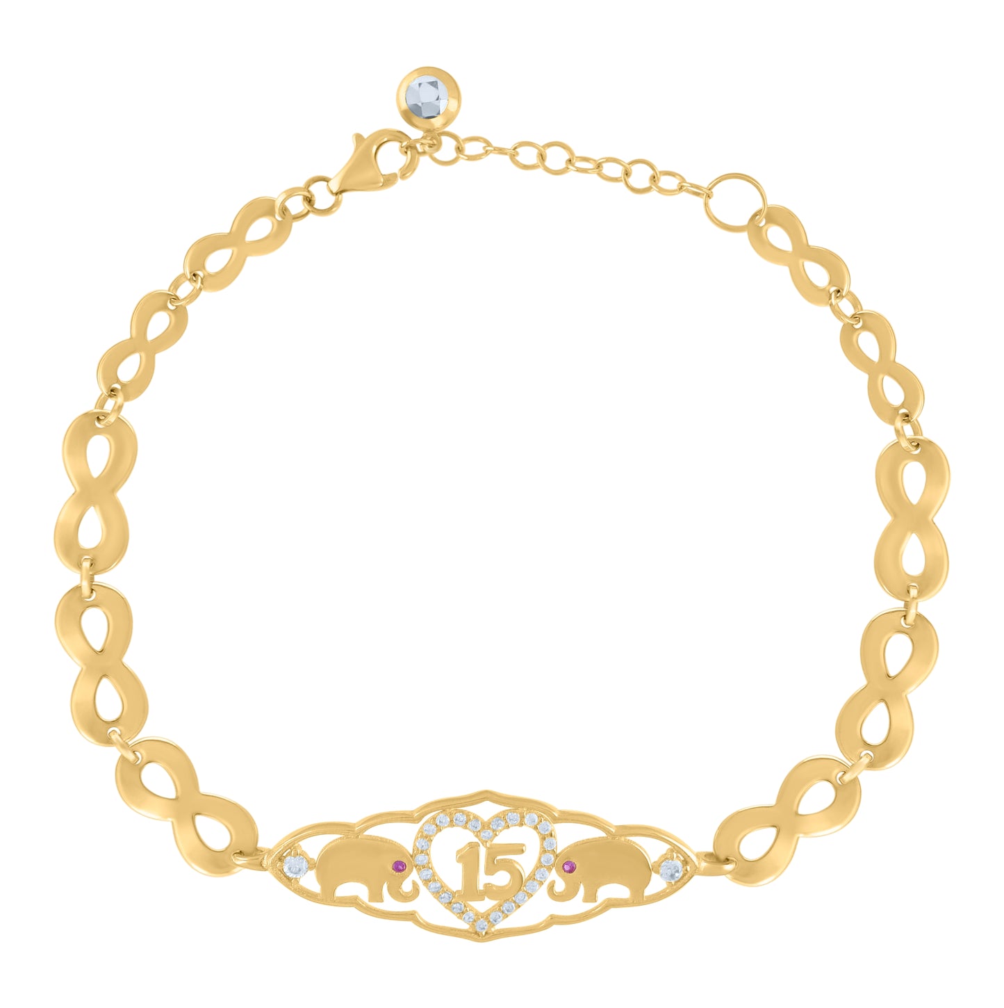 10K Yellow Gold Womens Purple White Cubic-Zirconia Quinceanera 15 Charm Bracelet Size 8 Inches