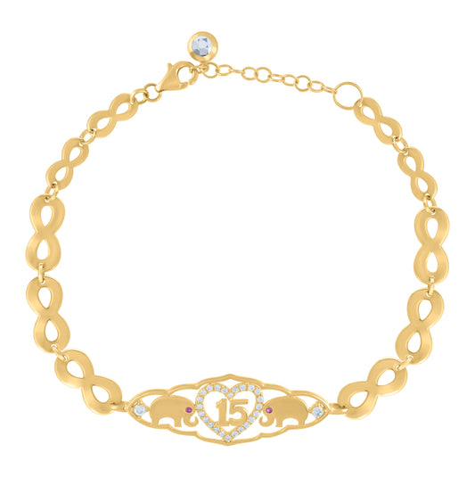 10K Yellow Gold Womens Purple White Cubic-Zirconia Quinceanera 15 Charm Bracelet Size 8 Inches