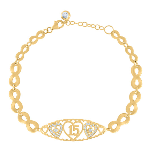 10K Yellow Gold Womens Cubic-Zirconia Heart Quinceanera 15 Charm Bracelet Size 8 Inches