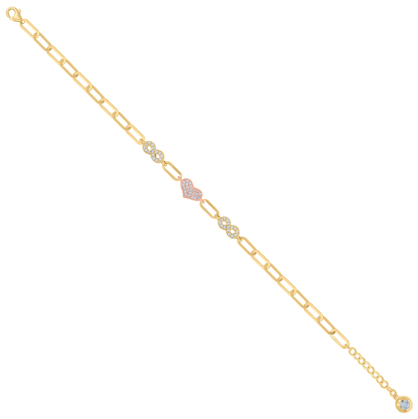 10K Two-tone Gold Womens Cubic-Zirconia Heart & Infinity Charm Bracelet Size 8 Inches