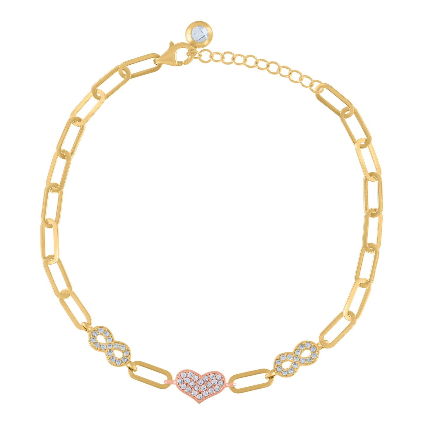 10K Two-tone Gold Womens Cubic-Zirconia Heart & Infinity Charm Bracelet Size 8 Inches
