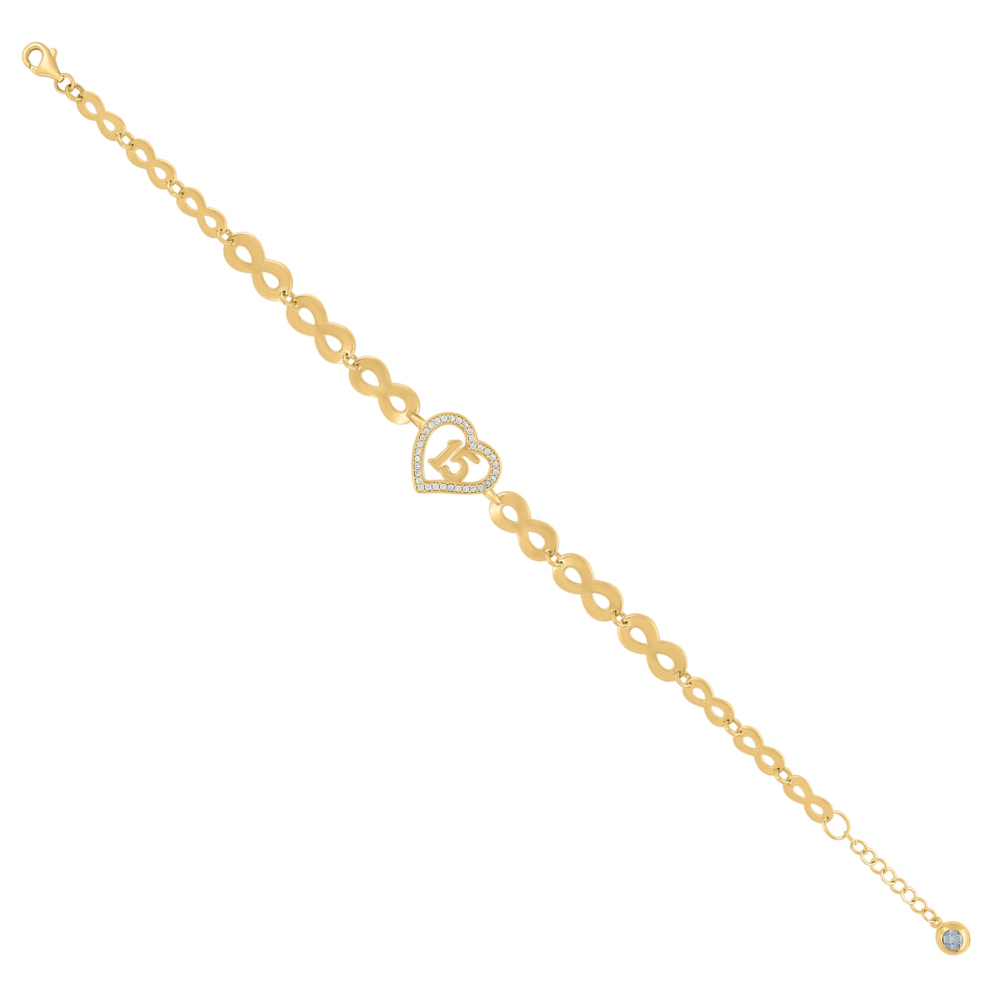 10K Yellow Gold Womens Cubic-Zirconia Infinity Link Heart Charm Bracelet Size 8 Inches