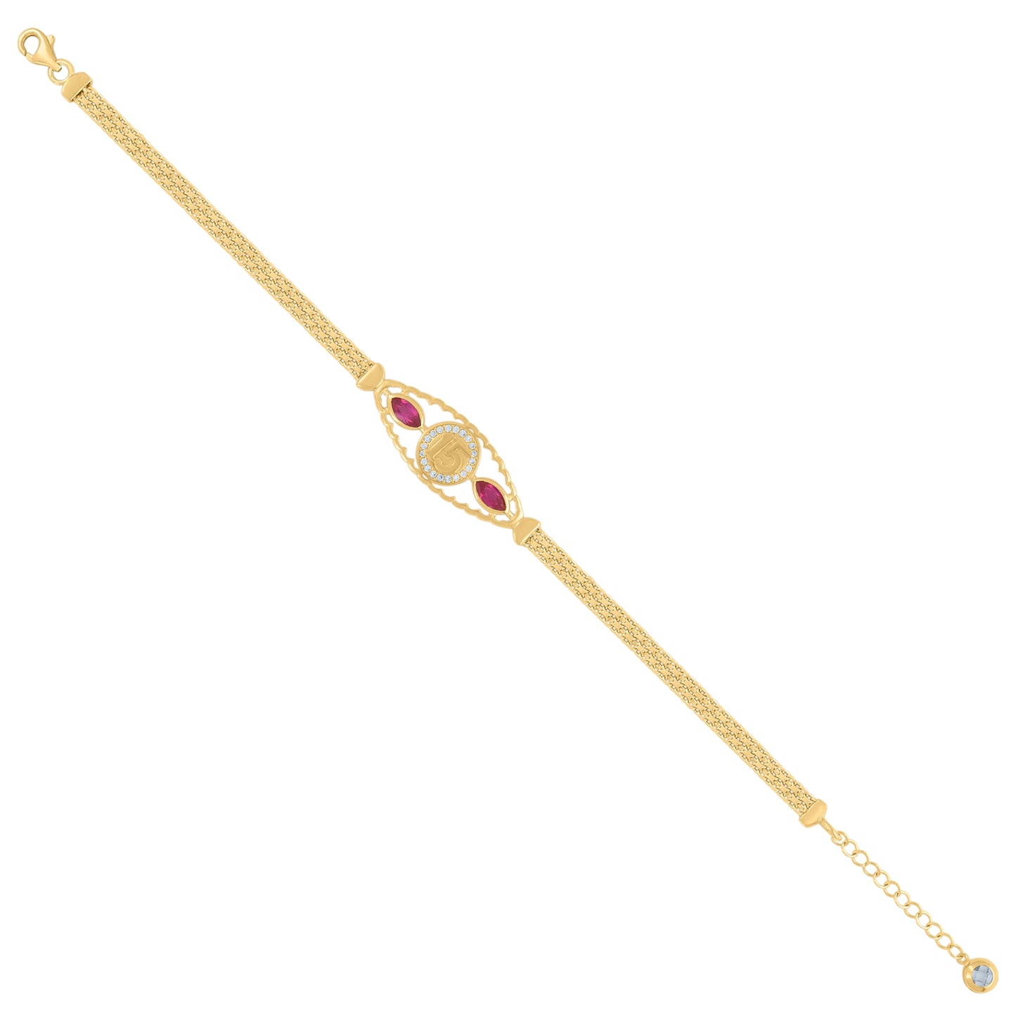 10K Two-tone Gold Womens Purple White Cubic-Zirconia Quinceanera 15 Charm Bracelet Size 8 Inches