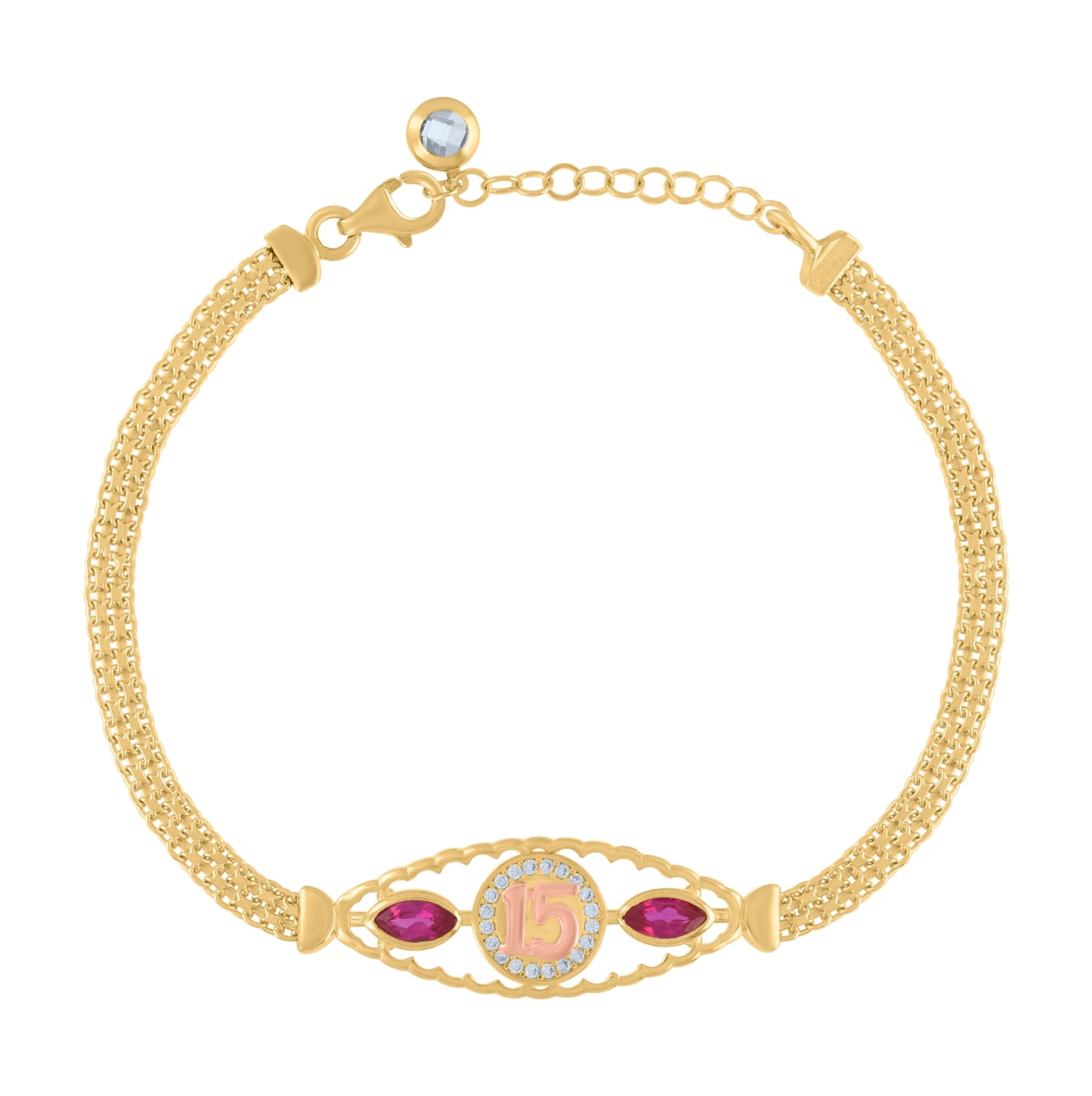 10K Two-tone Gold Womens Purple White Cubic-Zirconia Quinceanera 15 Charm Bracelet Size 8 Inches