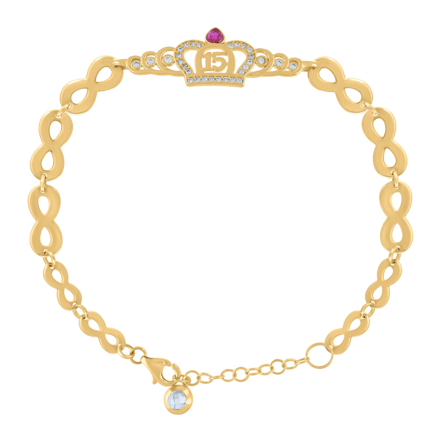 10K Yellow Gold Womens Cubic-Zirconia Crown Quinceanera 15 Charm Bracelet Size 8 Inches