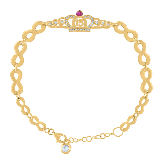 10K Yellow Gold Womens Cubic-Zirconia Crown Quinceanera 15 Charm Bracelet Size 8 Inches