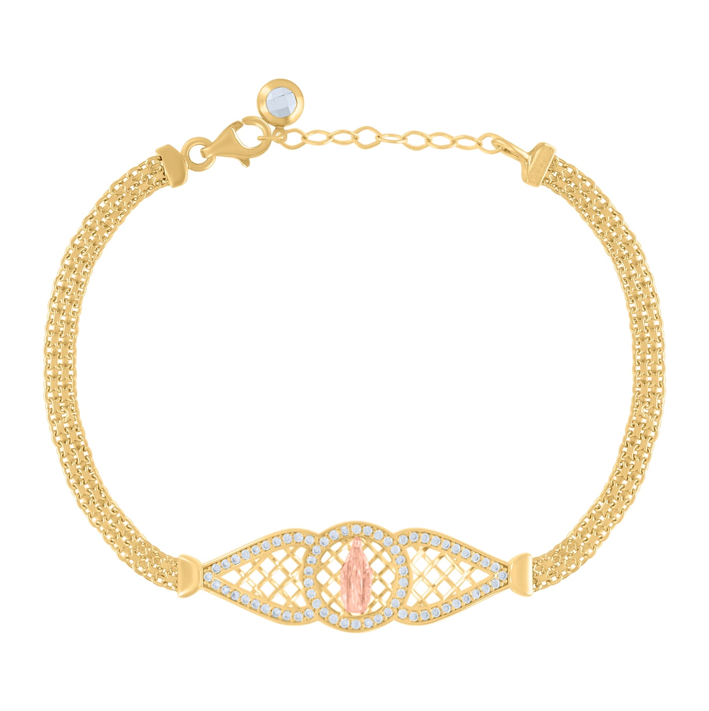 10K Two-tone Gold Womens Cubic-Zirconia Guadalupe Religious Charm Bracelet Size 8 Inches
