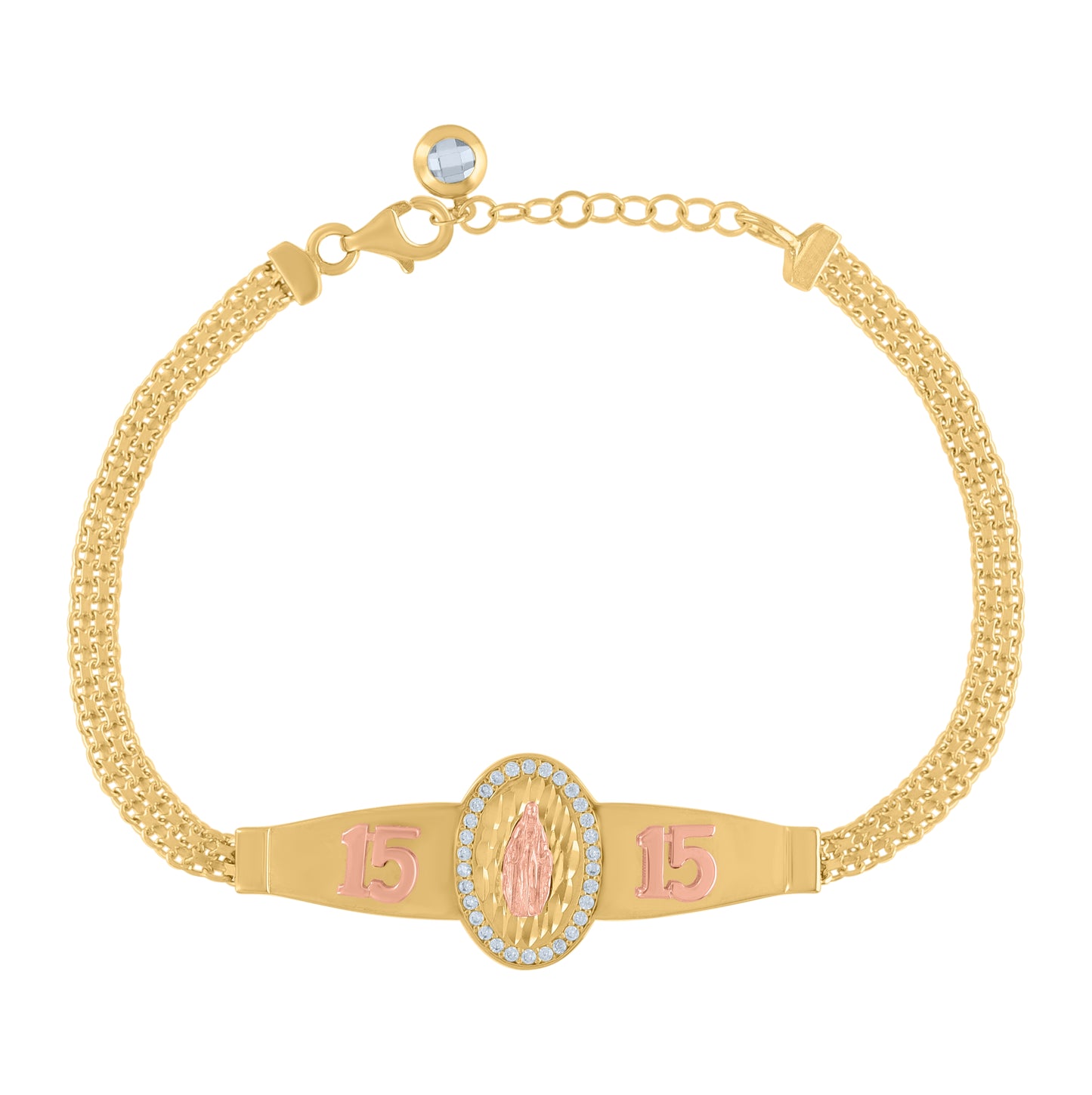 10K Two-tone Gold Womens Cubic-Zirconia Quinceanera 15 Guadalupe Charm Bracelet Size 8 Inches