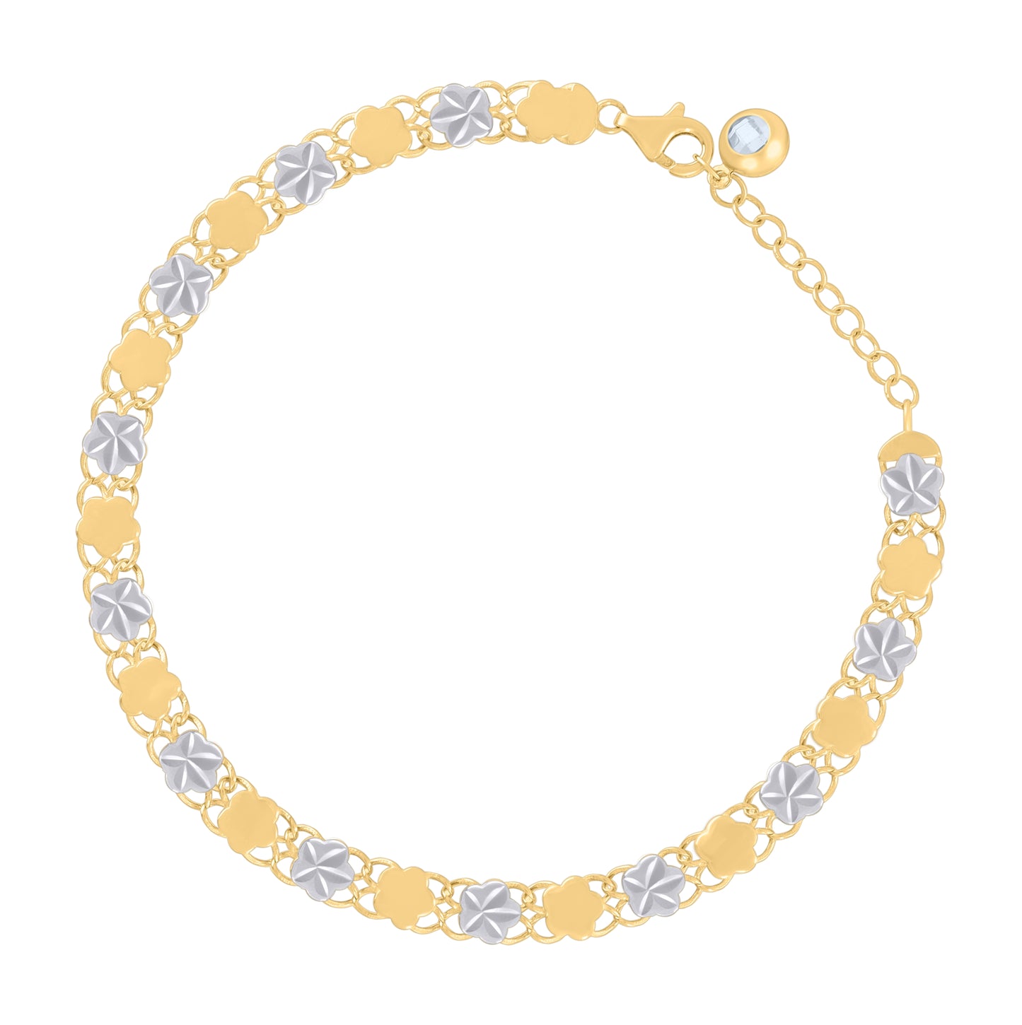 10K Two-tone Gold Womens Cubic-Zirconia Flower Link Bracelet Size 8 Inches