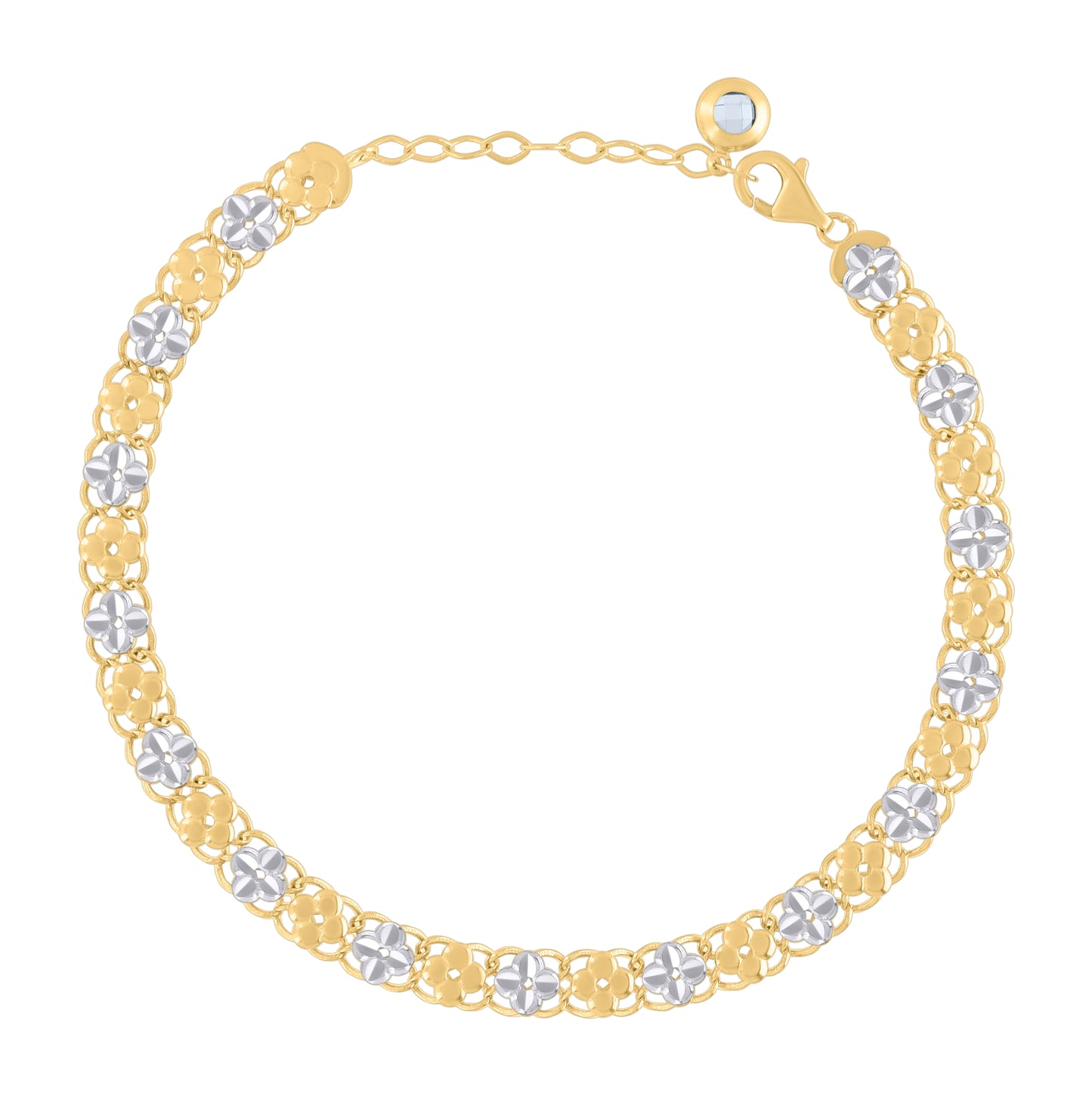10K Two-tone Gold Womens Cubic-Zirconia Flower Link Bracelet Size 8 Inches