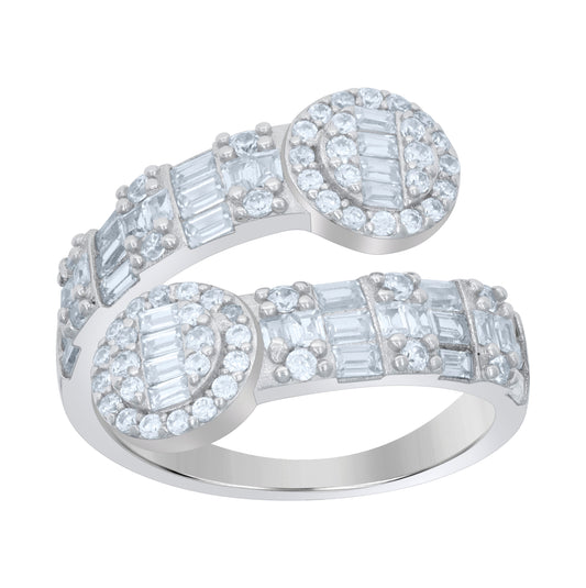 Sterling Silver Womens Baguette Round Cubic-Zirconia Bypass Fashion Bridal Anniversary Wedding Engagement Band Ring