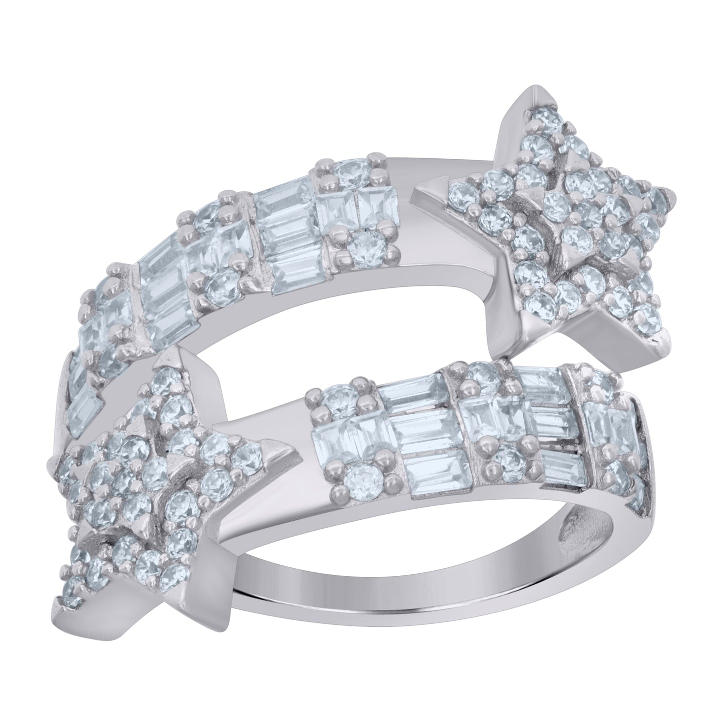 Sterling Silver Womens Baguette Round Cubic-Zirconia Star Bypass Fashion Bridal Anniversary Wedding Engagement Band Ring
