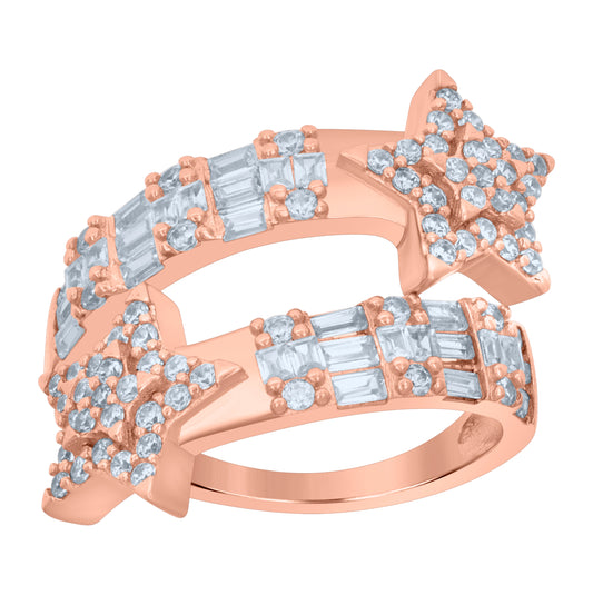 Sterling Silver Rose-Tone Womens Cubic-Zirconia Star Bypass Fashion Bridal Anniversary Wedding Engagement Band Ring